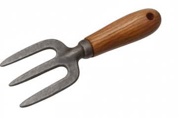 Gardening hand fork, essential tool for cultivating soil and weeding, rustic metal and wooden handle, transparent background