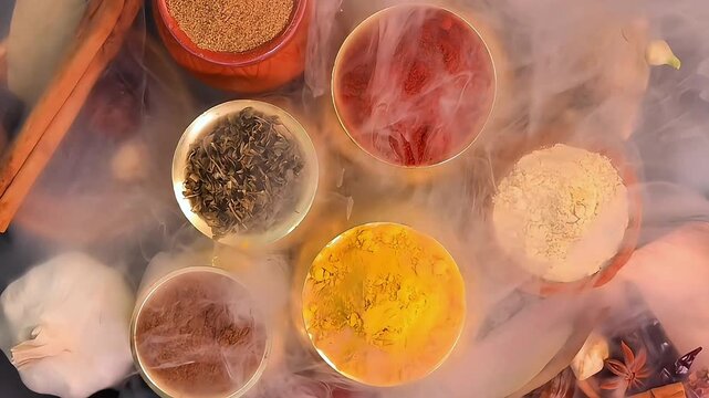 Overhead top view flat lay colourful array of spices herbs powder blue clay ceramic brass metal pot on dark black slate surface with a clean and neat appearance spice copy text space border frame