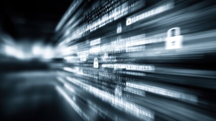 A dynamic, abstract representation of digital data flow, featuring binary code and security lock icons, symbolizing cybersecurity and technology.