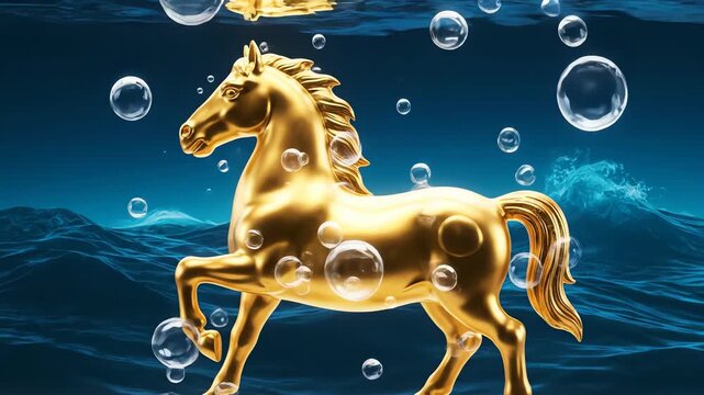 Golden Horse Figurine Floating Underwater with Bubbles
