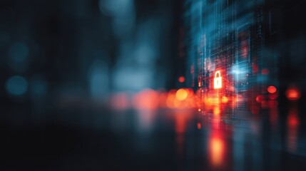A blurred, abstract digital background featuring a glowing padlock symbol, suggesting themes of security and technology.