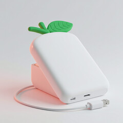 Cute Radish Design White Power Bank Mockup with USB Charging Cable