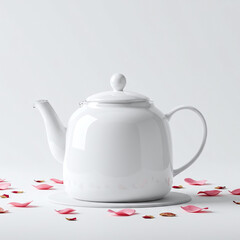 Serene White Teapot Mockup Surrounded by Delicate Rose Petals