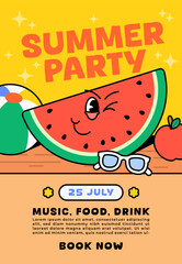 Summer party poster featuring a smiling watermelon slice with sunglasses, beach ball, and apple vector illustration cartoon style for event promotions, tropical themes, and summer celebration