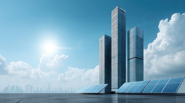 Modern skyscrapers with solar panels under a bright blue sky, showcasing sustainable architecture and innovative urban design, an inspiring cityscape for green technology enthusiasts
