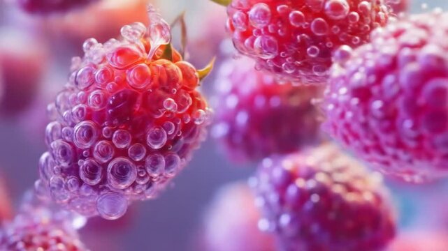 Close up view of red raspberries covered in transparent bubbles