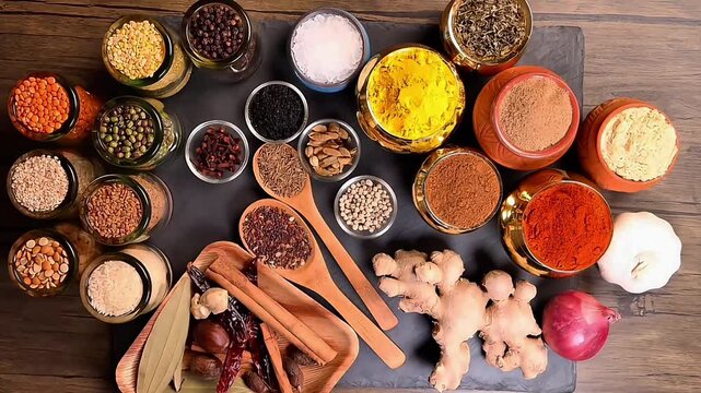 Overhead top view flat lay colourful array of spices herbs powder blue clay ceramic brass metal pot on dark black slate surface with a clean and neat appearance spice copy text space border frame