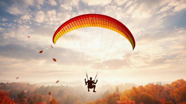 Orange paraglider gliding over autumn forest