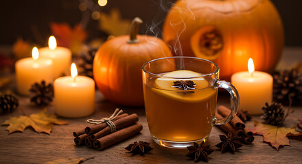 Cozy Fall Evening with Steaming Hot Drink, Pumpkins, and Glowing Candles