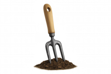 Garden fork digging into soil, planting seedlings, farming process, agriculture work, gardening tool icon on transparent background