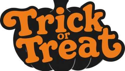 Stylized graphic illustration featuring a classic 'Trick or Treat' message embedded within a festive black pumpkin shape, perfect for Halloween celebrations, autumn events, and spooky season designs