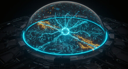 Dynamic Digital Brain Simulation within a Futuristic Enclosure, Illustrating Advanced Artificial Intelligence and Neural Network Processing with Luminous Data Streams