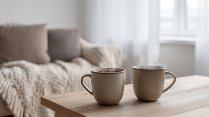 Fototapeta premium Cozy minimalist living room with two steaming hot cocoa mugs on light wooden table with soft daylight
