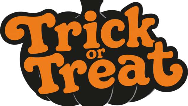 Stylized graphic illustration featuring a classic 'Trick or Treat' message embedded within a festive black pumpkin shape, perfect for Halloween celebrations, autumn events, and spooky season designs - Powered by Adobe