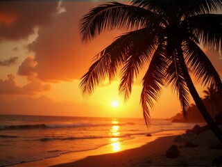 A tropical beach scene at sunset with a palm tree silhouetted against the golden sky and the sun reflecting on the water.