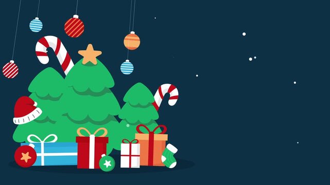Flat Christmas animation with decorated trees, hanging ornaments, gifts, and falling snow on dark background. Perfect for holiday greetings, festive videos, or winter promotional content.