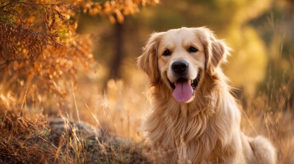 A golden retriever sits in a sunlit, autumnal setting, surrounded by soft grass and warm colors, exuding happiness and warmth.