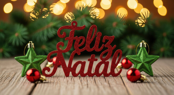 Feliz natal merry christmas ornaments and lights festive holiday season celebration greeting card design - Powered by Adobe