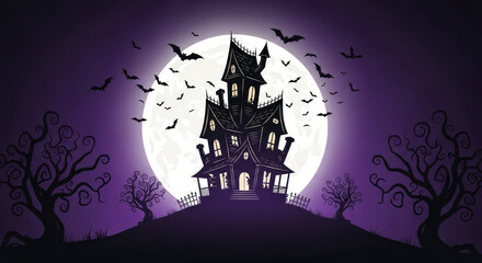 Spooky haunted house illustration with bats and moon for halloween themed graphic design and decoration