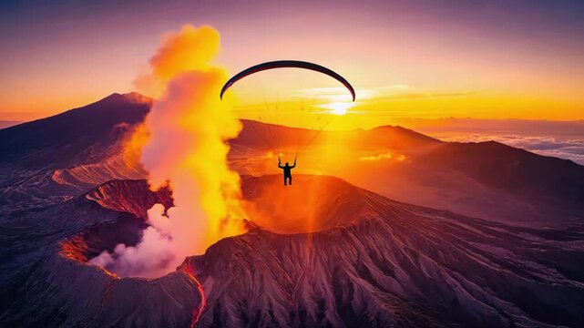 Paragliding Over a Volcano at Sunset