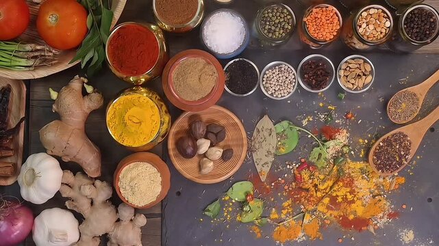 Overhead flat lay vibrant colourful spices herbs fresh produce vegetables legumes on wooden table spread splash smoking spice mix dark black slate metal clay pot palm leaf plate board copy text frame