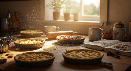Homemade tarts on rustic kitchen table with flour, baking tools, and warm sunlight, cozy culinary scene