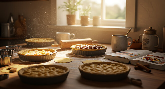 Homemade tarts on rustic kitchen table with flour, baking tools, and warm sunlight, cozy culinary scene
