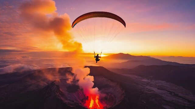 Paraglider silhouette at sunset over a mountain ridge with bright sun flare