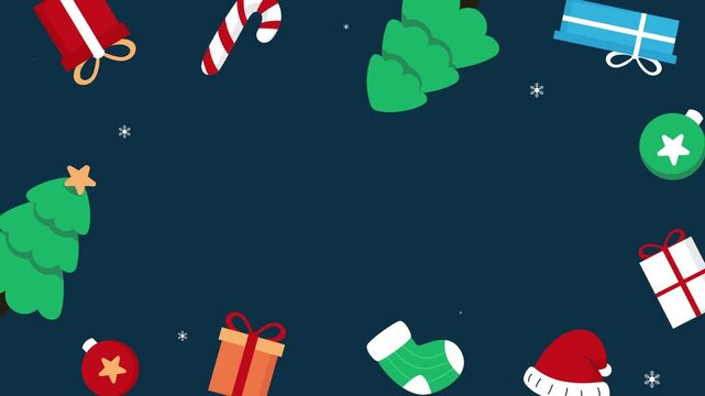 Flat Christmas animation with decorated trees, hanging ornaments, gifts, and falling snow on dark background. Perfect for holiday greetings, festive videos, or winter promotional content.