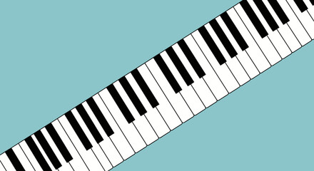 Naklejka premium Close-up view of a piano keyboard with black and white keys on a light blue background.