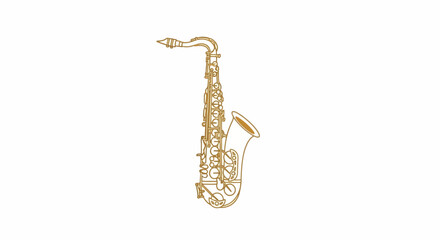 Elegant golden saxophone, a classic brass wind instrument, depicted with fine lines on a pure white background.