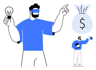Individual with lightbulb symbolizing ideas and solutions gestures toward a money bag. Second person studies data on a tablet. Ideal for innovation, creativity, strategy, leadership, teamwork