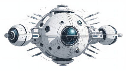 Sleek Vector Drawing of a Futuristic Spherical Orbital Space Station Isolated on White