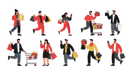 Obraz premium Holiday Shopping Vector Illustration, People Carrying Gifts and Bags, Modern Flat Design Characters