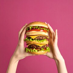 Hands Holding a Delicious Triple Cheeseburger Against a Pink Background.