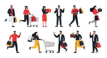 Black Friday Shopping Vector, People with Bags and Gifts, Holiday Sale Illustration