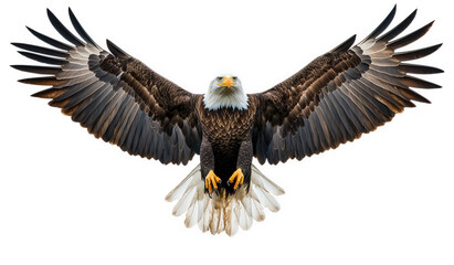 Obraz premium Bald eagle in full flight, wings spread wide, isolated on transparent background, showcasing its impressive wingspan and powerful presence in the sky