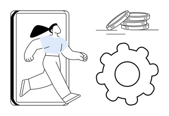 Woman steps out of smartphone symbolizing connection to technology, coins indicate digital economy, gear represents functionality or innovation. Ideal for progress, technology, economy, automation