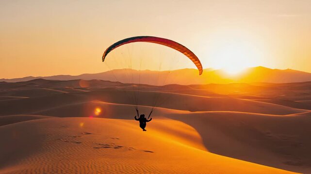 Paraglider silhouette over sand dunes at sunset with an orange sky