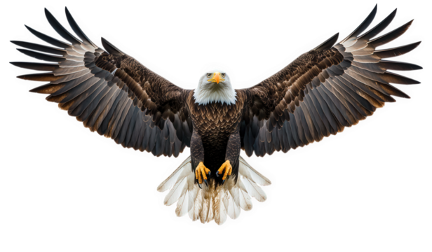 Bald eagle in full flight, wings spread wide, isolated on transparent background, showcasing its impressive wingspan and powerful presence in the sky