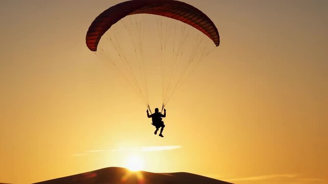 Silhouette of a paraglider against a yellow sky with the sun low behind