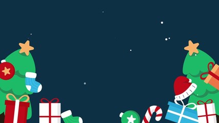 Flat Christmas animation with decorated trees, hanging ornaments, gifts, and falling snow on dark background. Perfect for holiday greetings, festive videos, or winter promotional content. - Powered by Adobe