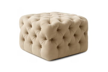 Beige velvet tufted ottoman with transparent background