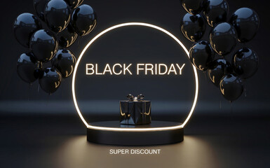 A minimalist Black Friday promotional design with a glowing neon circle frame against a dark background. 