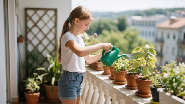 Focused girl watering plants in a balcony garden at her urban home. Concept of responsibility, child development, gardening hobby, slow living, mindfulness and montessori education. - Powered by Adobe