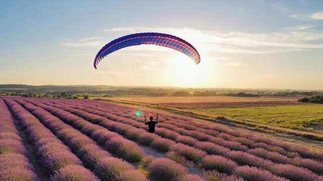 Paraglider flying above a lavender field at sunset