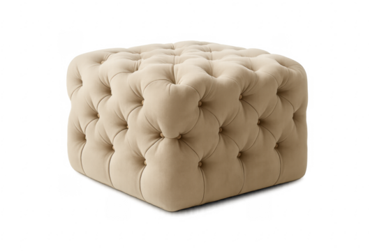 Beige velvet tufted ottoman with transparent background