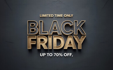 A promotional Black Friday sale banner with a dark gray textured background. The text is arranged in a 3D effect with a metallic gold color. 