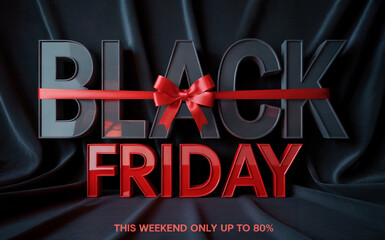 A promotional Black Friday advertisement with a dark black background featuring dramatic lighting and shadows.