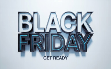 A 3D rendered text design for "BLACK FRIDAY" with a modern, sleek aesthetic. The text is rendered in a metallic silver color with a blue glow effect along the edges. 
